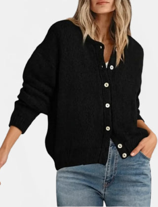 Faith Crewneck Shell Button Cardigan in Black