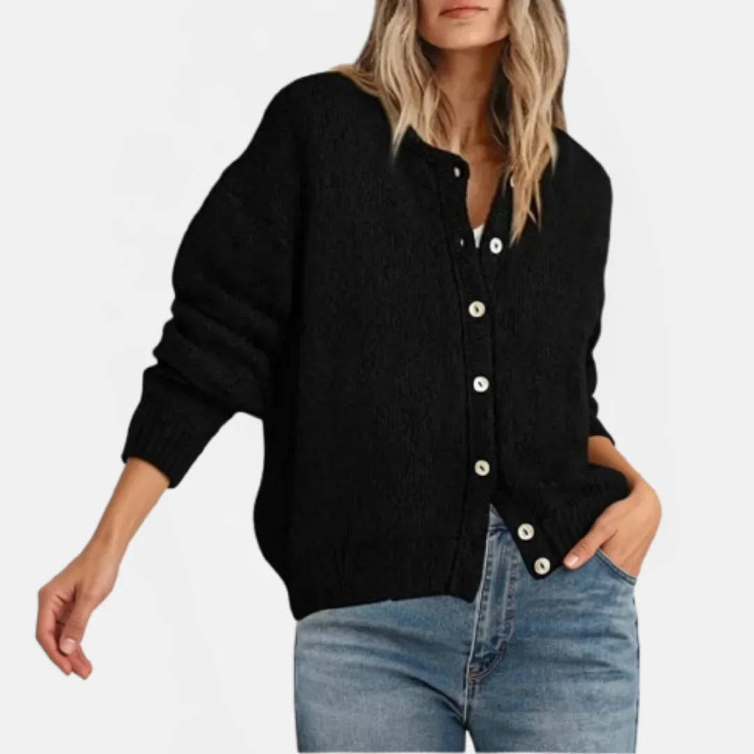 Faith Crewneck Shell Button Cardigan in Black