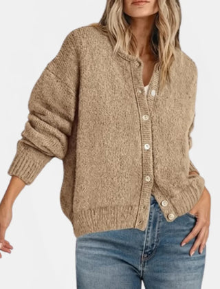 Faith Crewneck Shell Button Cardigan in Khaki