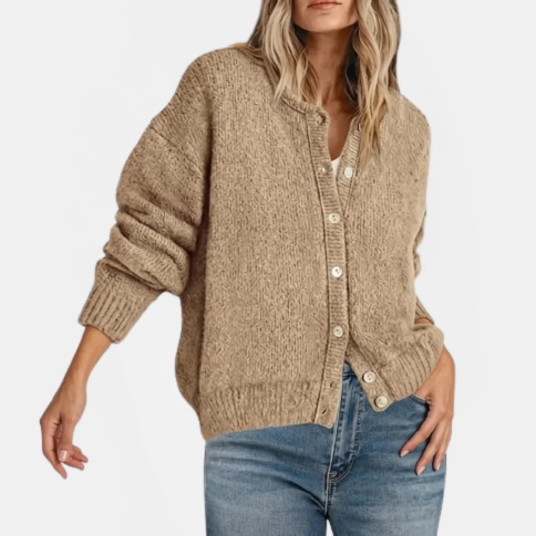Faith Crewneck Shell Button Cardigan in Khaki