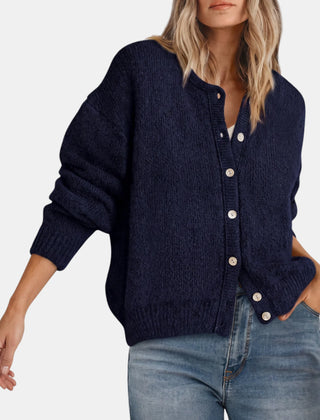 Faith Crewneck Shell Button Cardigan in Navy