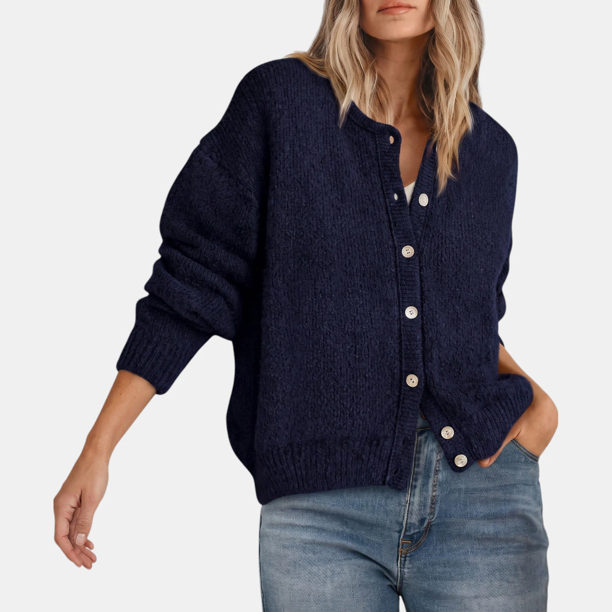 Faith Crewneck Shell Button Cardigan in Navy