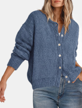 Faith Crewneck Shell Button Cardigan in Dusty Blue