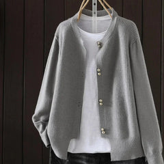Fay Pearl Button Crewneck Cardigan in Grey