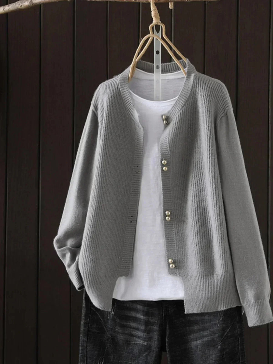 Fay Pearl Button Crewneck Cardigan in Grey