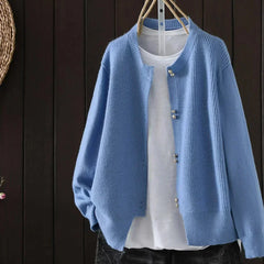 Fay Pearl Button Crewneck Cardigan in Blue