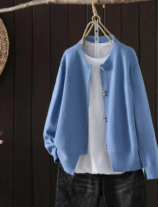 Fay Pearl Button Crewneck Cardigan in Blue
