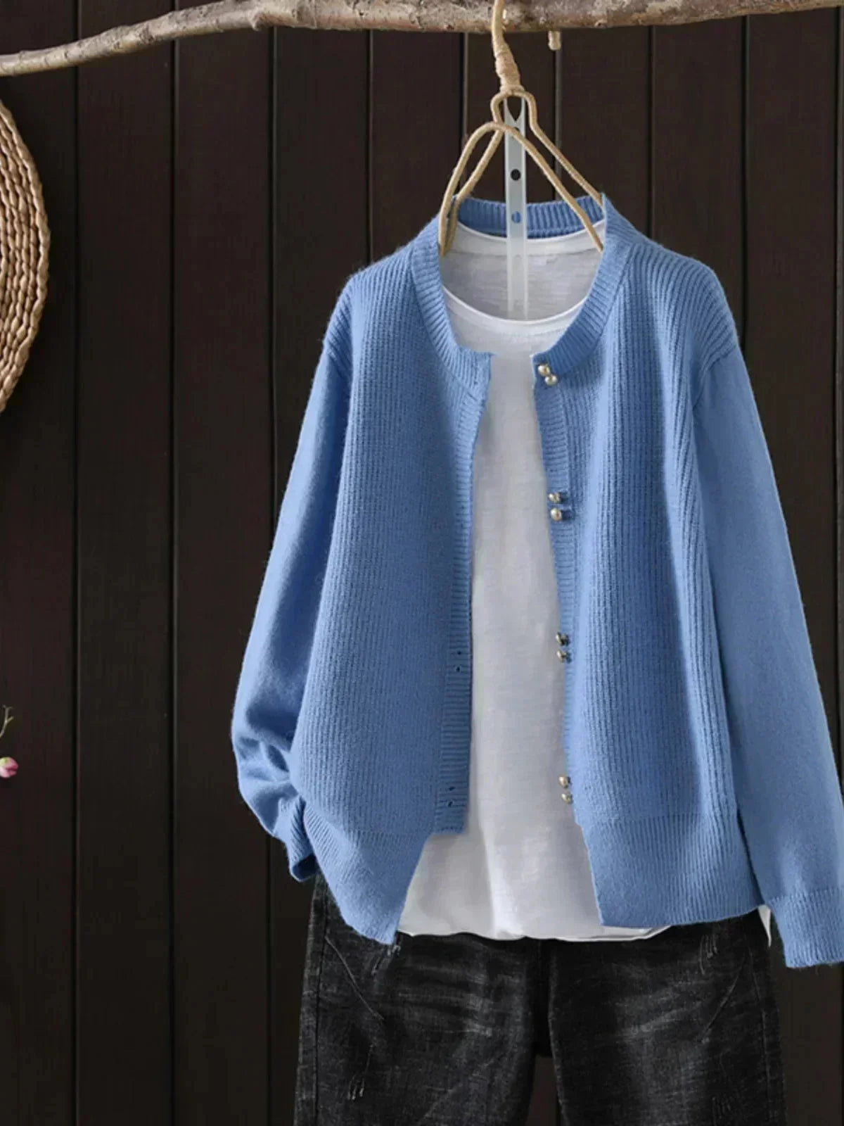 Fay Pearl Button Crewneck Cardigan in Blue