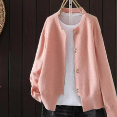 Fay Pearl Button Crewneck Cardigan in Pink