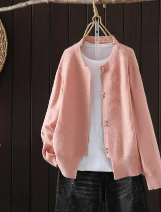 Fay Pearl Button Crewneck Cardigan in Pink
