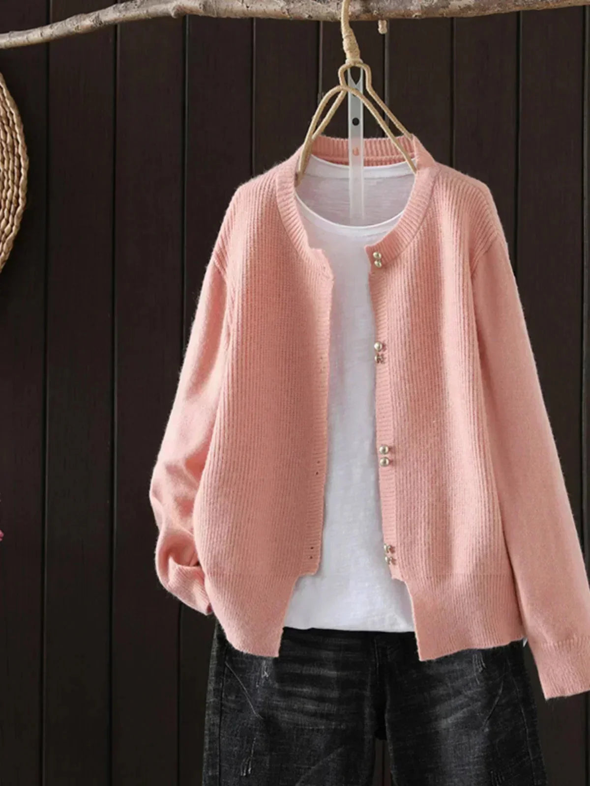 Fay Pearl Button Crewneck Cardigan in Pink