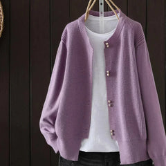 Fay Pearl Button Crewneck Cardigan in Purple