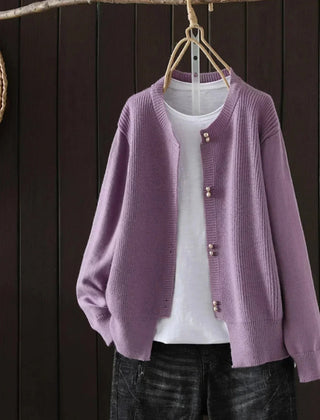 Fay Pearl Button Crewneck Cardigan in Purple