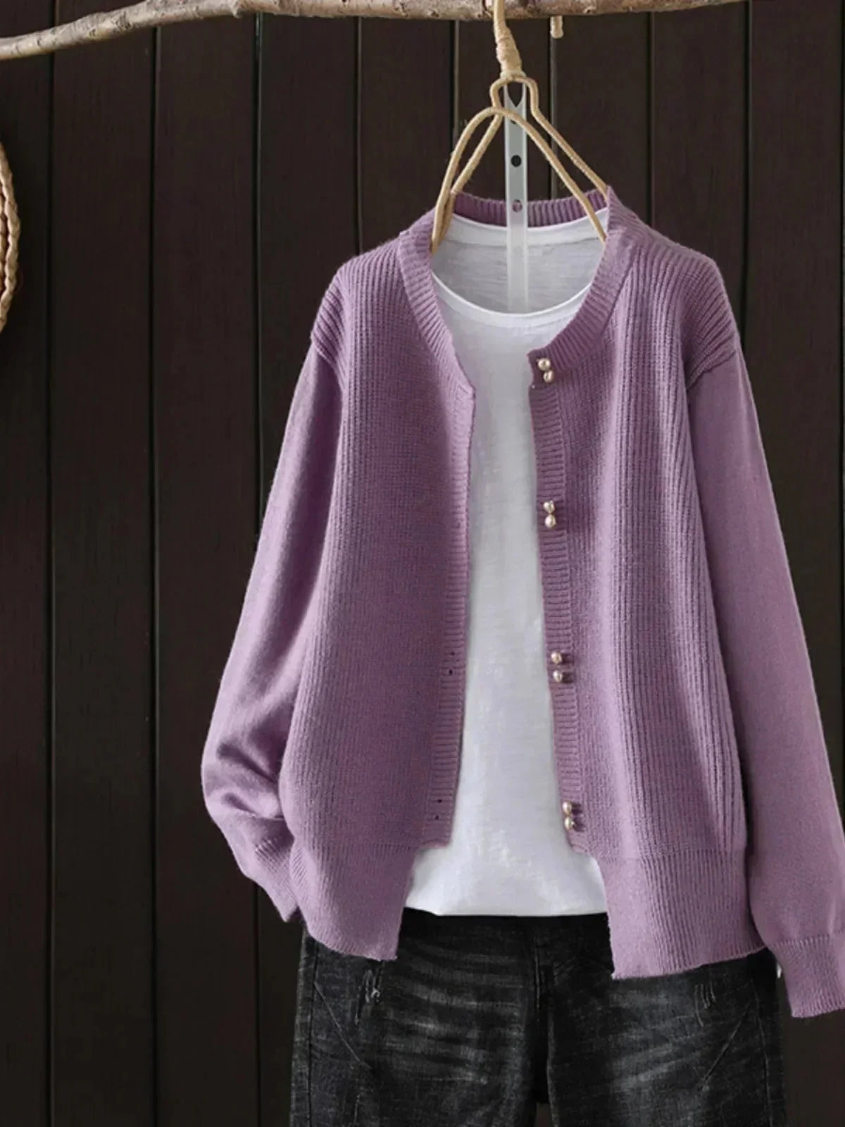 Fay Pearl Button Crewneck Cardigan in Purple