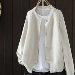 Fay Pearl Button Crewneck Cardigan in Cream