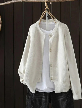 Fay Pearl Button Crewneck Cardigan in Cream