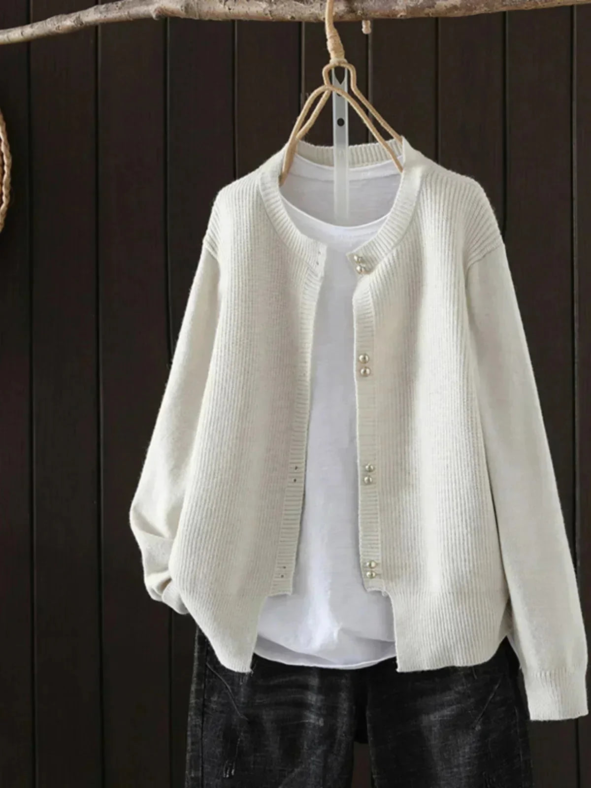 Fay Pearl Button Crewneck Cardigan in Cream