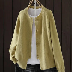Fay Pearl Button Crewneck Cardigan in Olive Green