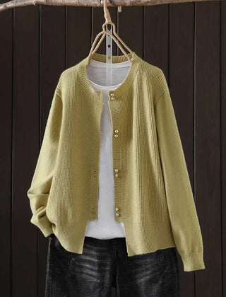 Fay Pearl Button Crewneck Cardigan in Olive Green