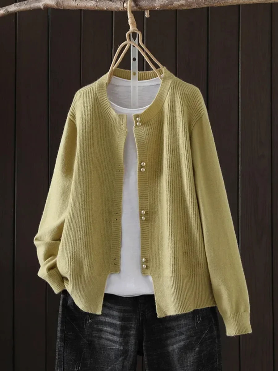 Fay Pearl Button Crewneck Cardigan in Olive Green