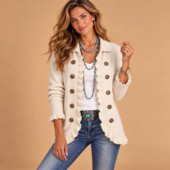 Felicity Frill Trim Button Cardigan in Beige