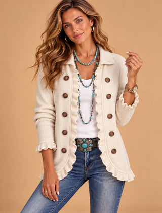 Felicity Frill Trim Button Cardigan in Beige