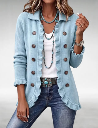 Felicity Frill Trim Button Cardigan in Light Blue