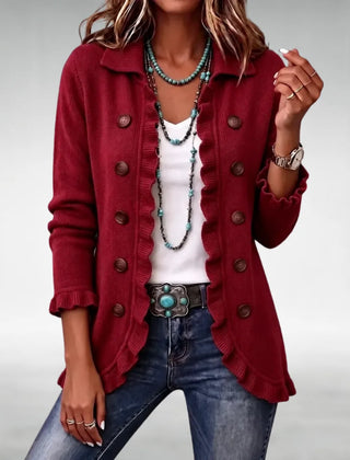 Felicity Frill Trim Button Cardigan in Burgundy