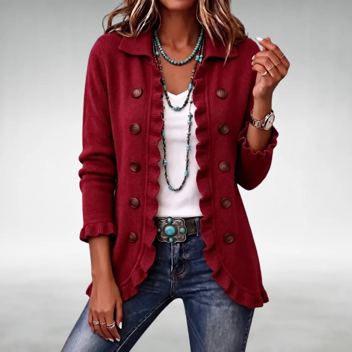 Felicity Frill Trim Button Cardigan in Burgundy