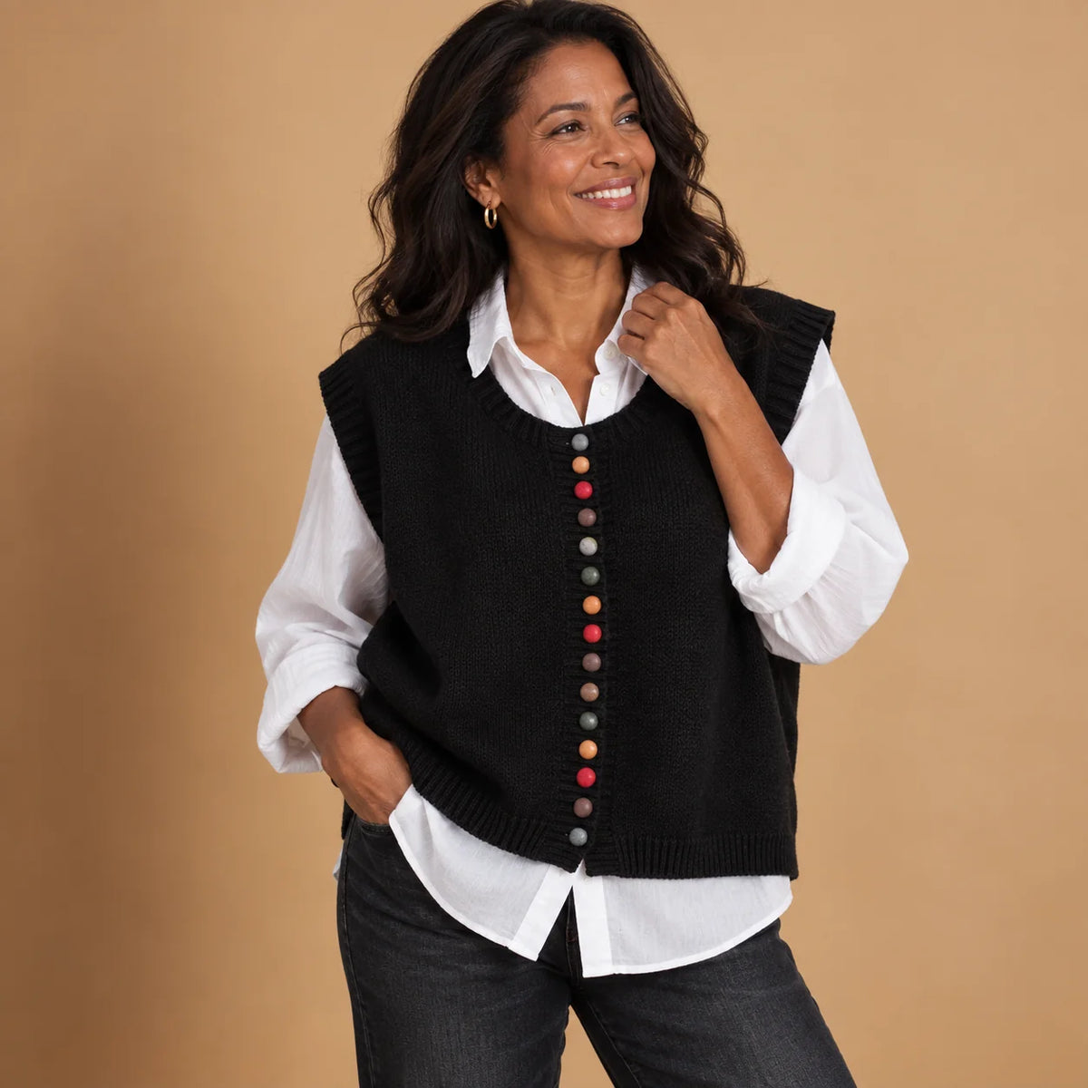 Fiona Colourful Button Sweater Vest in Black