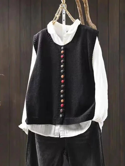 Fiona Colourful Button Sweater Vest in Black