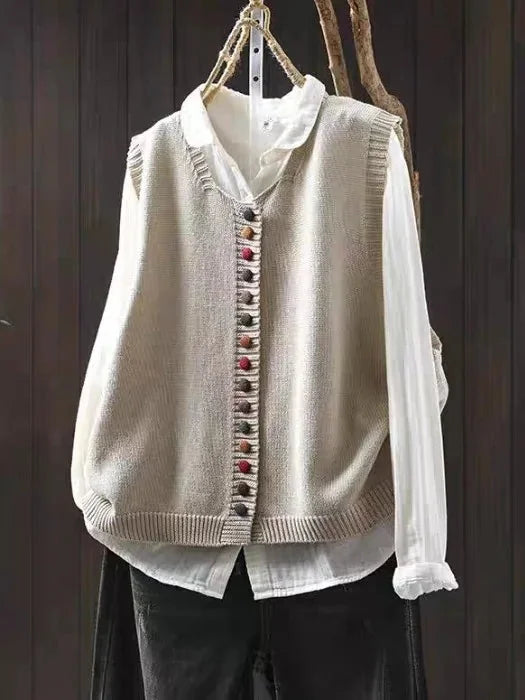 Fiona Colourful Button Sweater Vest in Off-White