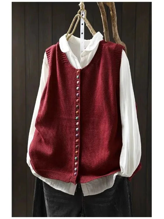 Fiona Colourful Button Sweater Vest in Red