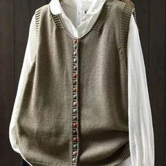 Fiona Colourful Button Sweater Vest in Olive Green