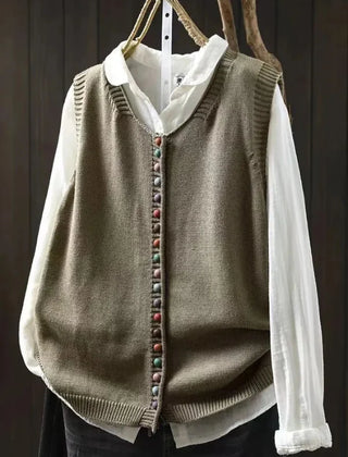 Fiona Colourful Button Sweater Vest in Olive Green