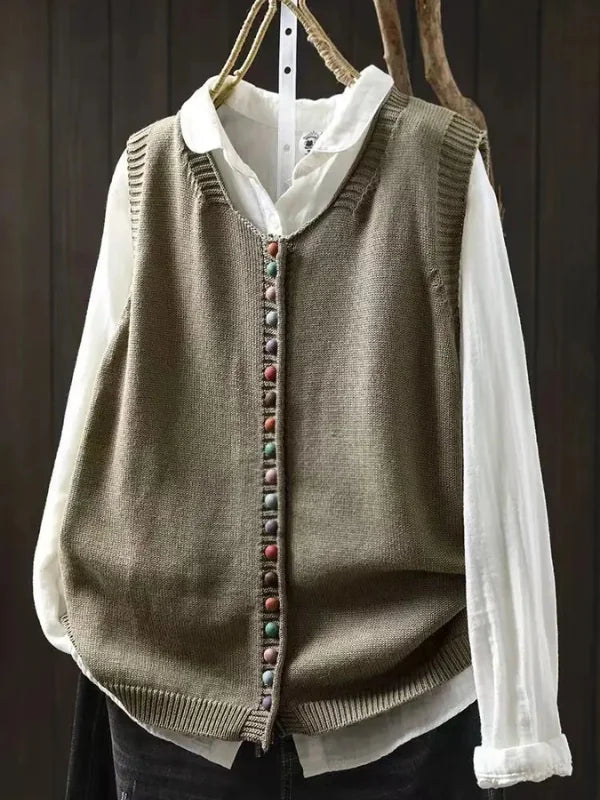 Fiona Colourful Button Sweater Vest in Olive Green