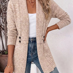 Flora Shawl Collar Button Tab Cardigan in Beige