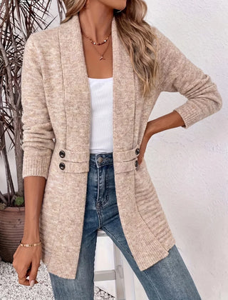 Flora Shawl Collar Button Tab Cardigan in Beige