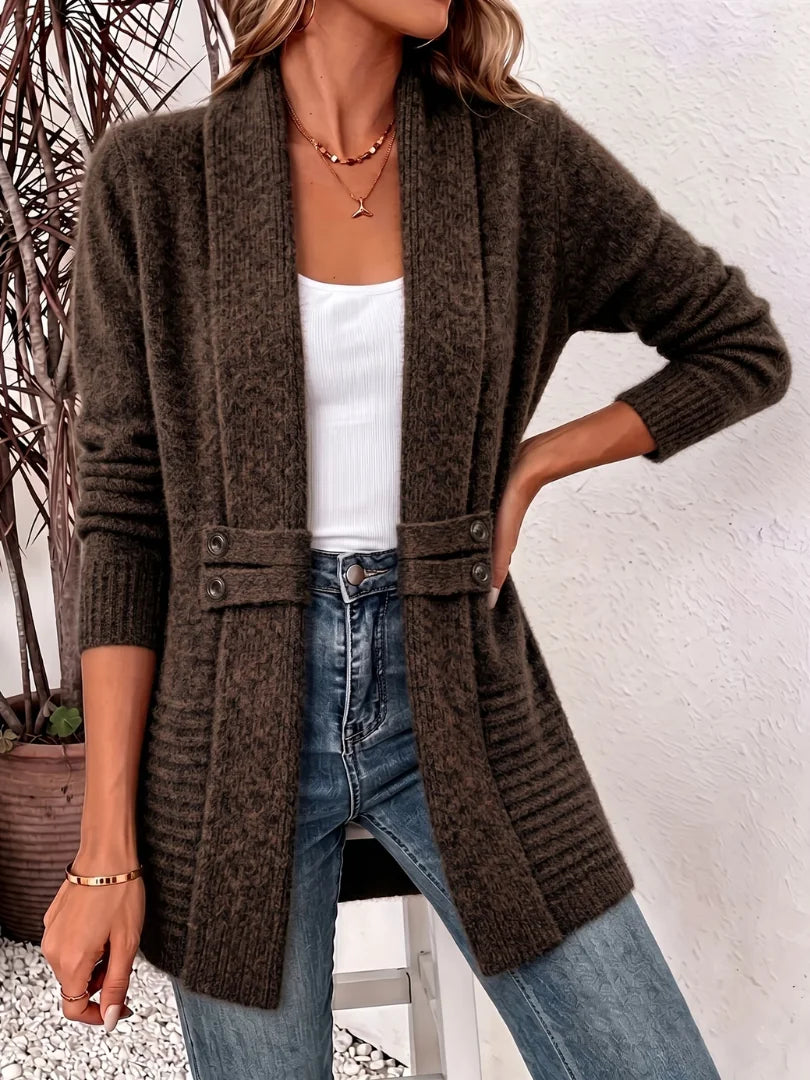 Flora Shawl Collar Button Tab Cardigan in Brown