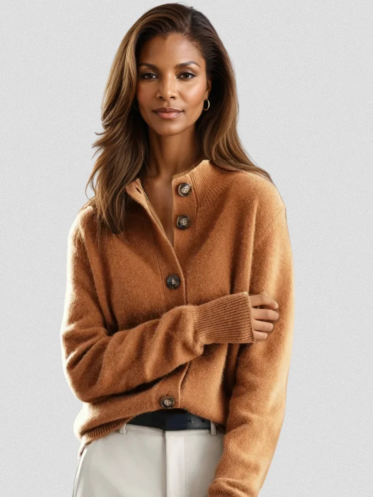 Florence Stand Collar Button Cardigan in Caramel
