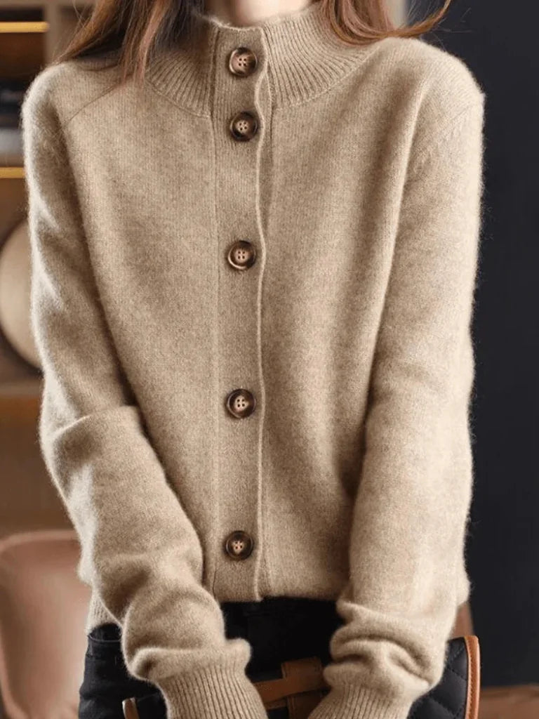Florence Stand Collar Button Cardigan in Beige