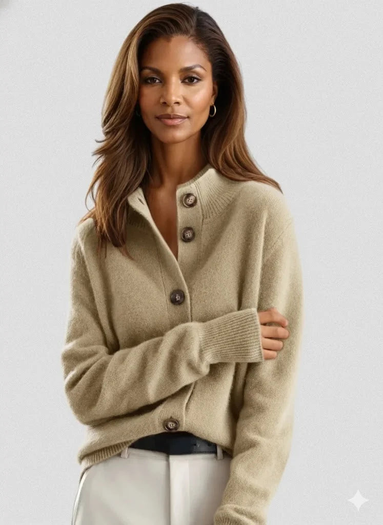 Florence Stand Collar Button Cardigan in Beige
