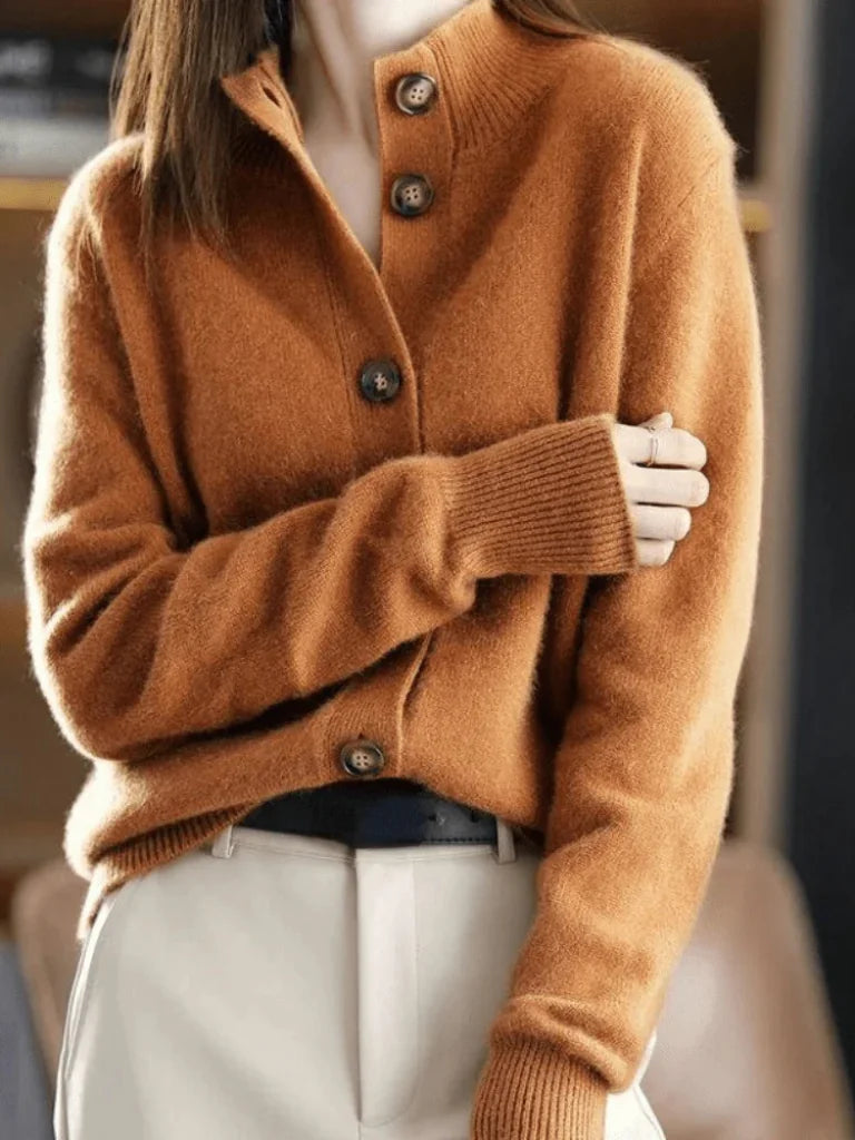 Florence Stand Collar Button Cardigan in Caramel