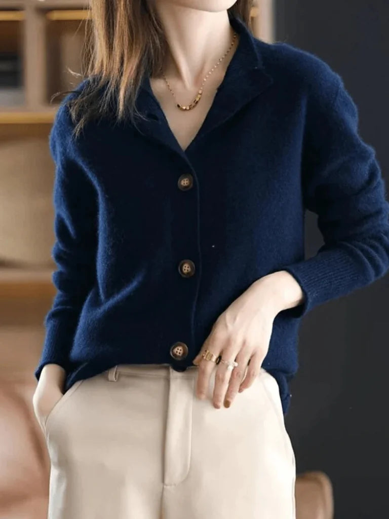 Florence Stand Collar Button Cardigan in Navy