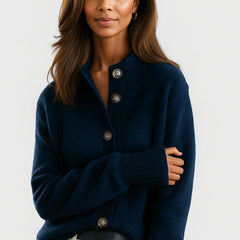 Florence Stand Collar Button Cardigan in Navy