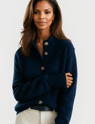 Florence Stand Collar Button Cardigan in Navy