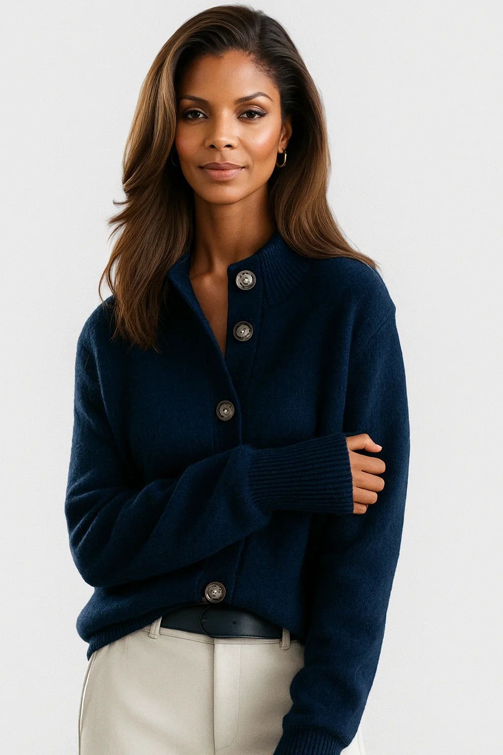 Florence Stand Collar Button Cardigan in Navy