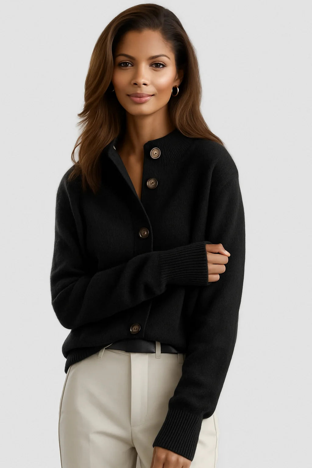 Florence Stand Collar Button Cardigan in Black