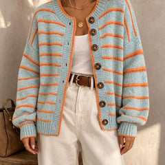 Frances Striped Crewneck Button Cardigan in Light Blue Stripe