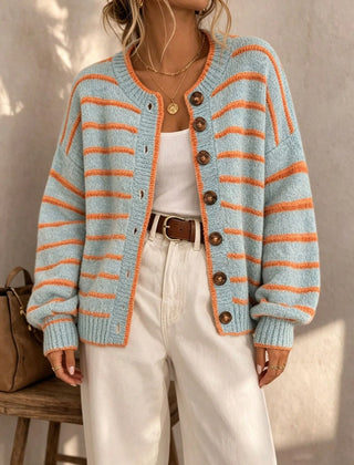 Frances Striped Crewneck Button Cardigan in Light Blue Stripe